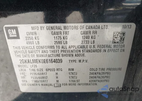 2014 GMC Terrain Sle из США, поврежденный, VIN 2GKALMEK0E6164039